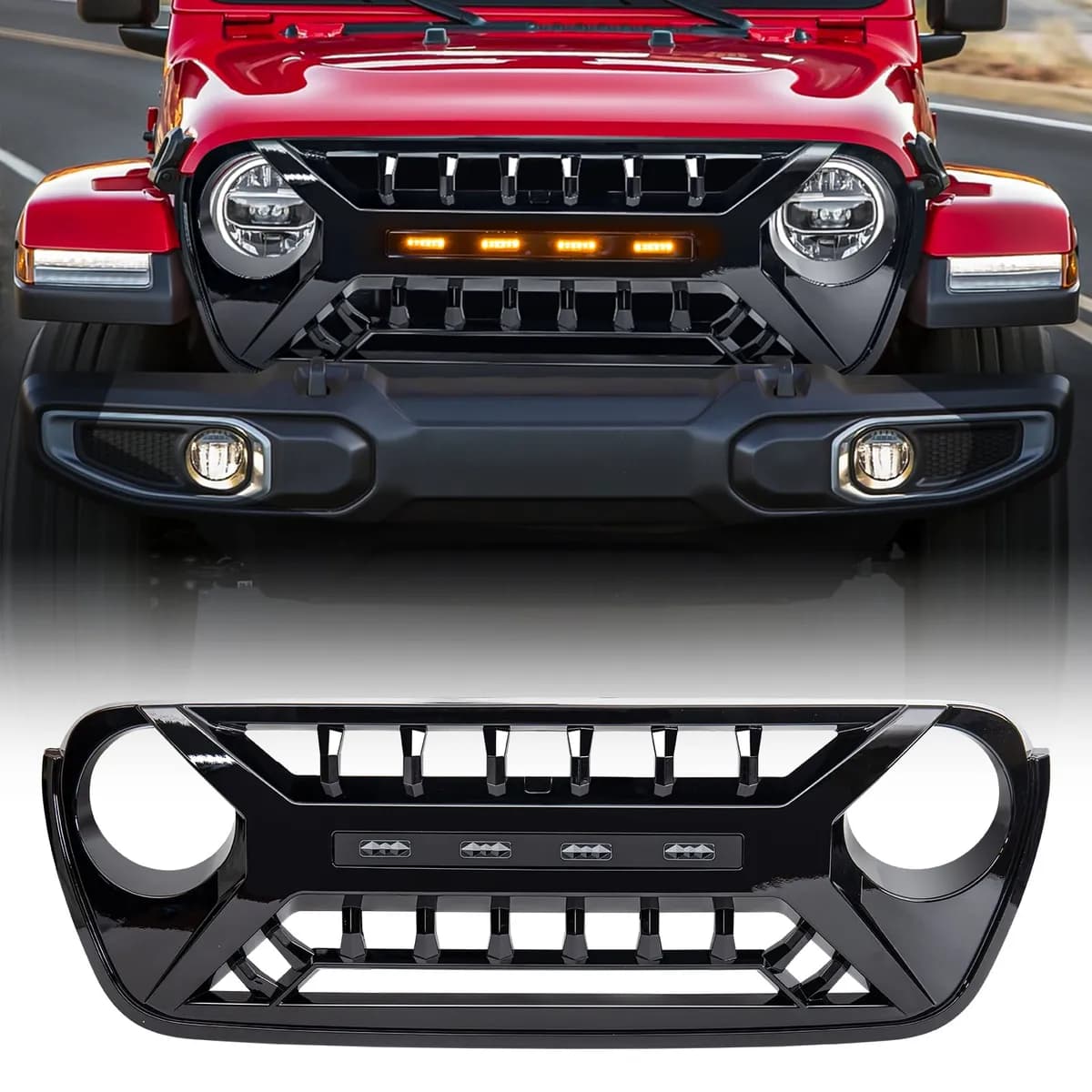Armor Grille W/ Amber Lights - Glossy Black For 18+ Jeep Wrangler JL & Gladiator JT