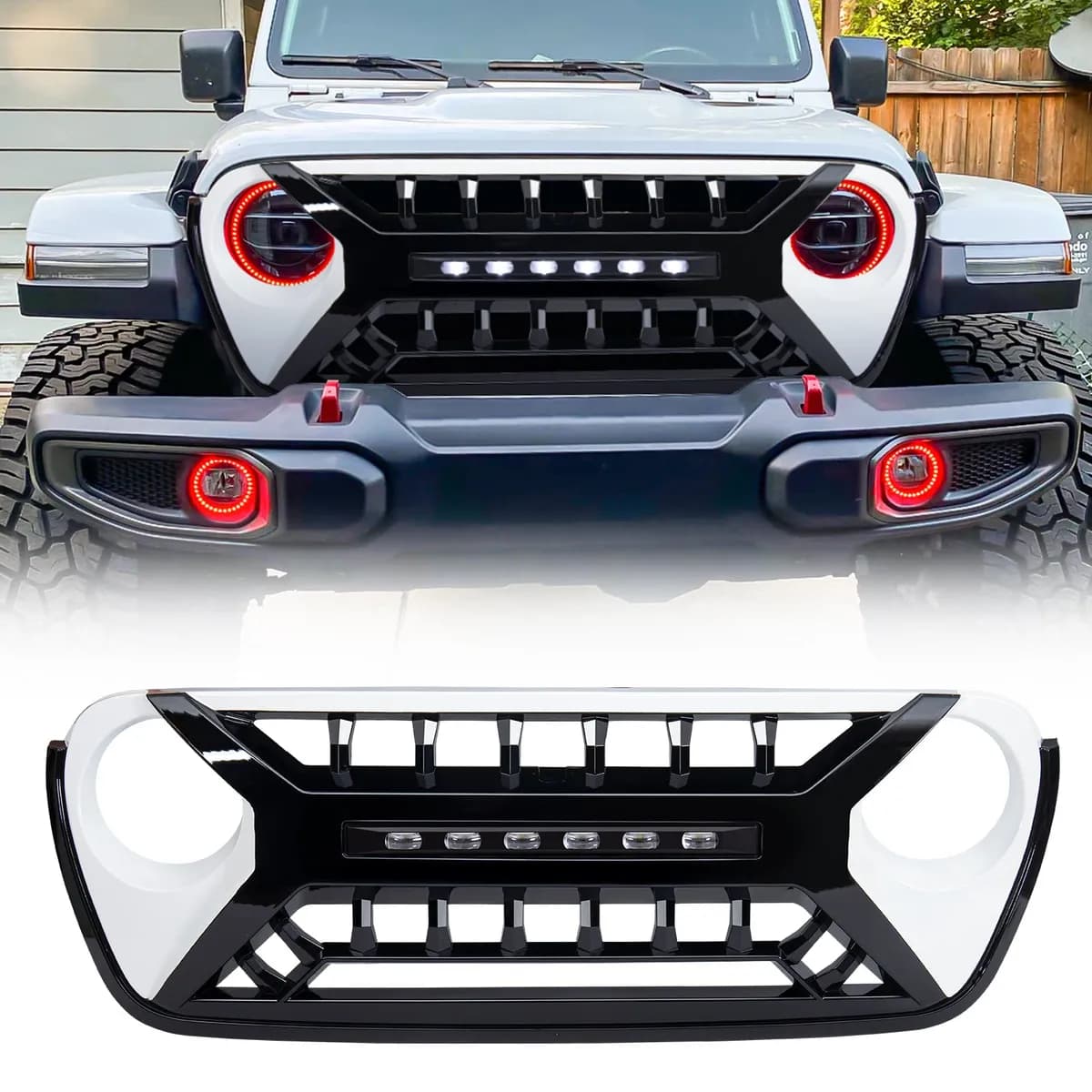 Armor Grille W/ Off-Road Lights - White & Black For 18+ Jeep Wrangler JL & Gladiator JT