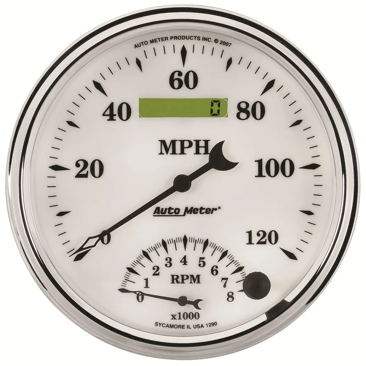 Gauge, Tach/Speedo, 5", 120mph & 8k RPM, Elec. Program, Old Tyme White II