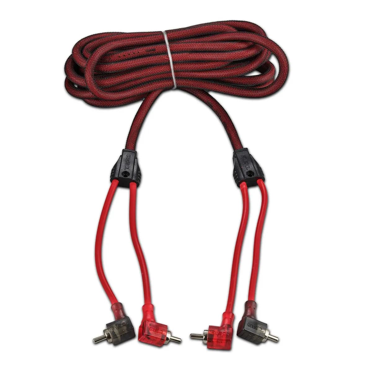 100% OFC Ultra Flex 2-Channel RCA with 90 Degree Ends, Dual Twist Wire, Red Braided Jacket - 12 ft