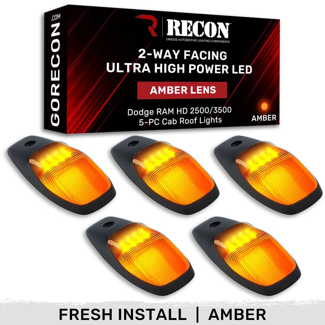 Dodge 19-23 RAM Heavy-Duty 2500 3500 5-Piece Set Amber Cab Roof Light Lens With 2-Way Forward Rear Facing Amber Ultra High-Power Leds - Attn This Cab Light Set is For a Fresh Install on a Truck That Did Not Come With OEM Cab Roof Lights no Square