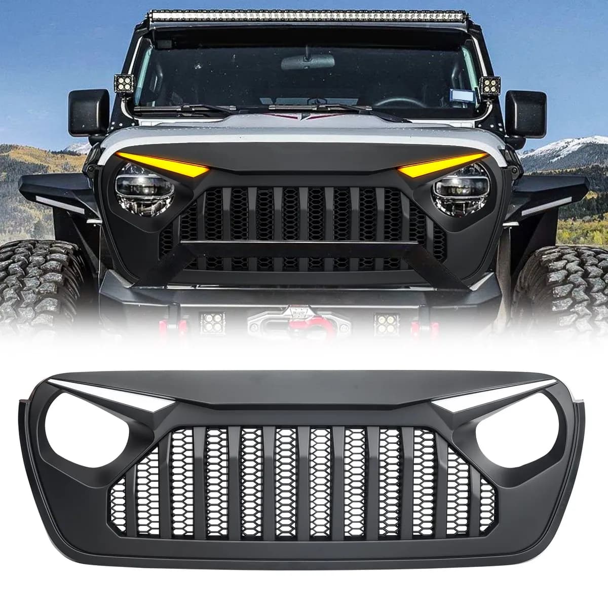 Gladiator Vader Grille W/ LED Eyebrow DRL and Turn Signals - Matte Black For 18+ Jeep Wrangler JL & Gladiator JT W/O Trailcam