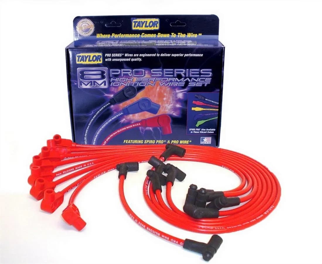 Taylor Cable 1975-92 Chevy Small Block HEI 8mm Spiro-Pro Spark Plug Wire Set - Red - 90° Spark Plug Boot Angle - 74202