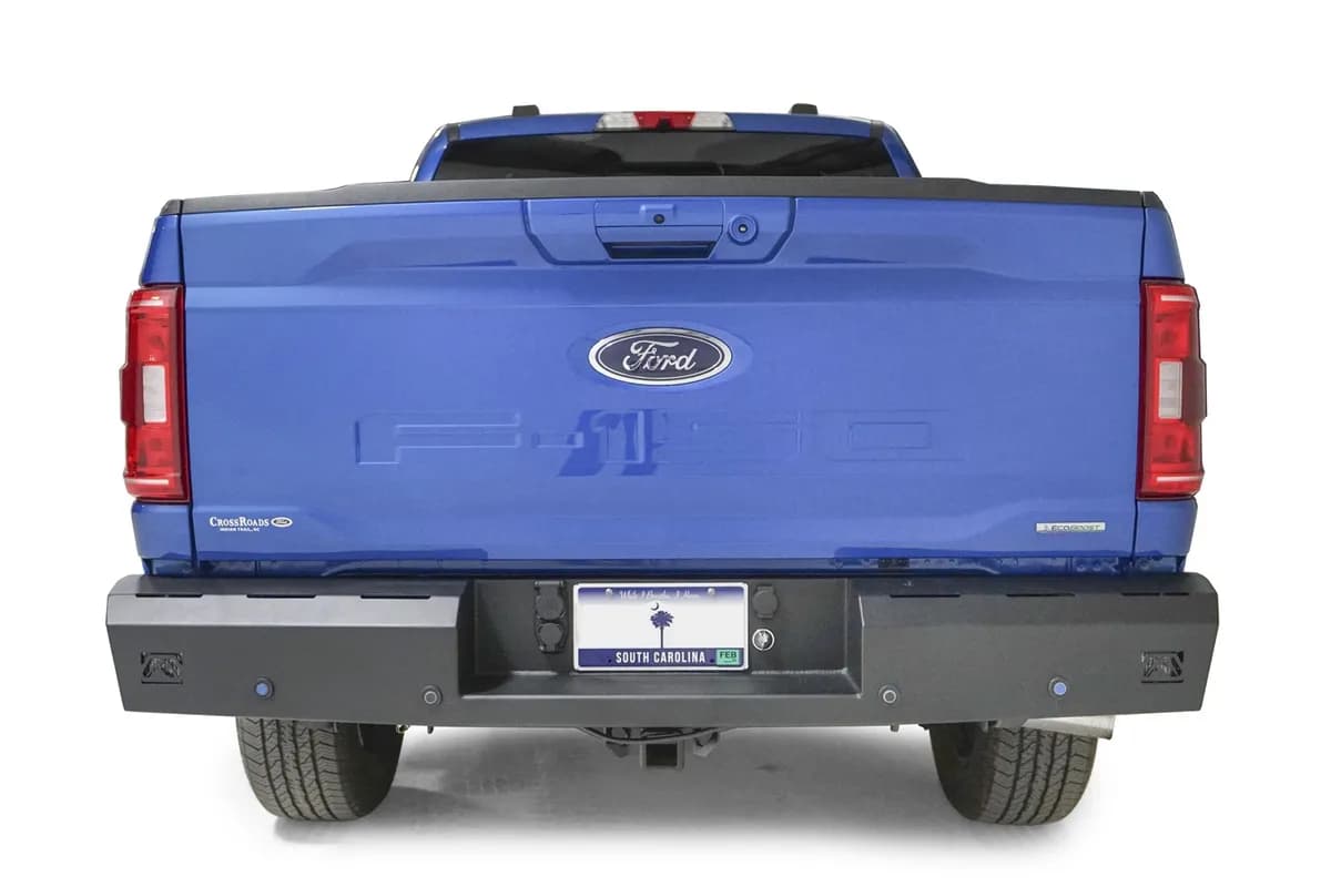Red Steel Rear Bumper; Logo Cut-Out; 11 Gauge Steel; Sensor Compatible; Black Powder Coat; 75 lbs. Weight;