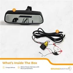 9 in. Mirror w/7.3 in. LCD Display; 3 Input; Single Camera Feed or Dual Camera Views/Split-Screen Mode on Two 3.6in. Side-by-Side Screens; 3 RCA Input w/Trigger Wires;