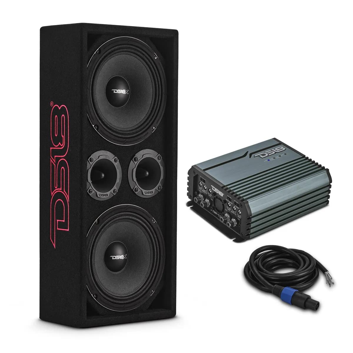 2 x 8” Mids & 2 x 3 .78” Tweeters (Pro-X8m & Pro-Twx2 Included) | 1 x 4-Channel Amp (Frp- 1 .2k4 Included) | Ported | Speakon Cable & Terminal Included | 1/2” Mdf | Black Carpet