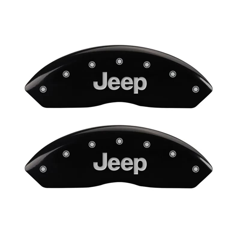 Front Set 2 Caliper Covers Engraved Front Jeep Black Finish Silver Characters 1997-2006 Jeep Wrangler MGP Caliper Covers