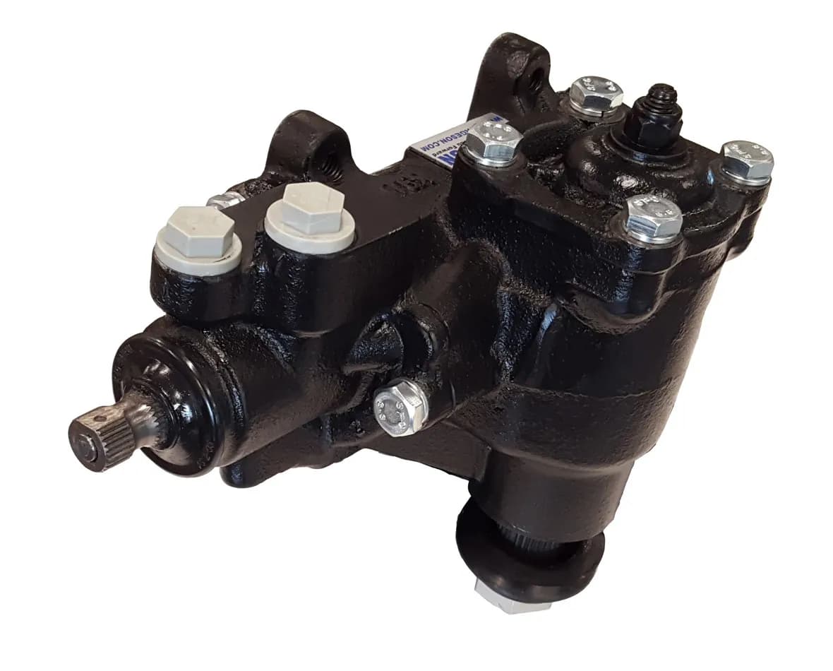 All new 12.7:1 ratio power steering box. Steering box includes adapters to be able to use either O-ring or flare style hoses. Steering box uses a 3/4in.-30 spline input shaft and all pre-1977 cars require a new rag joint connector #990012.