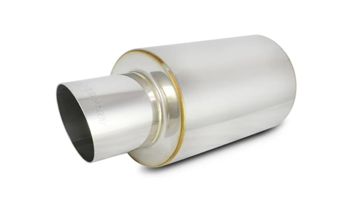 TPV Muffler; 4 in. Round Angle Cut Tip; 3 in. Inlet ID; 5 in. L-Tip; 17 in. Overall L; 4 in. OD; 10 in. Muffler Body L; Stainless Steel;