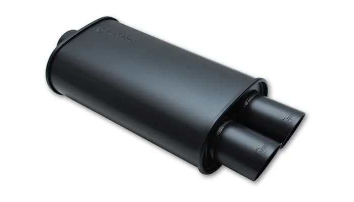 STREETPOWER Flat Black Oval Muffler; Single Angle Tip; 3 in. Inlet ID; 3 in. Tip OD; 5 in. H; 9 in. W; 4.25 in. Tip L; 15 in. Body L; 20 in. Overall L; Dual Outlet;