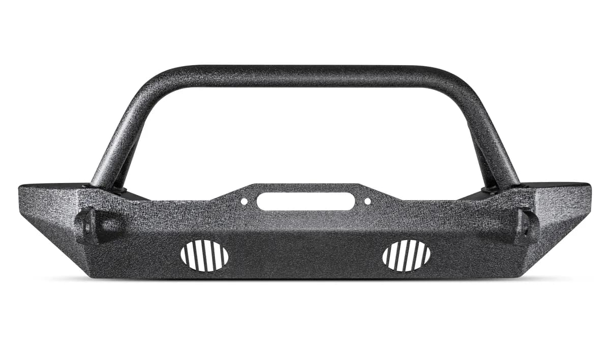 HiLine Front Winch Bumper; Mid-Stubby Style; Textured Black Powder Coat;