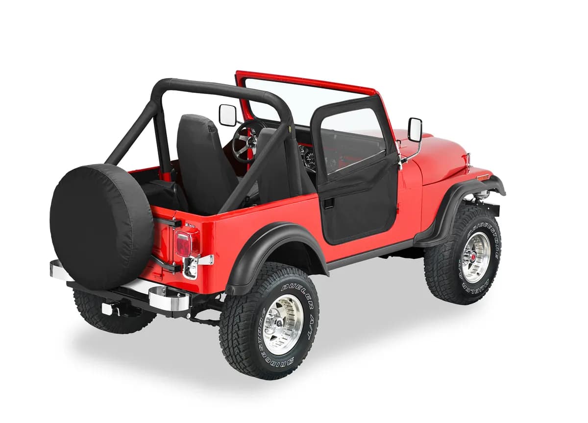 Black Crush Doors, Fabric 2-piece Full Fabric Door Set Jeep 76-86 CJ7; Fit Supertop 51598, 51599, 54599; Sunrider 51698; door strikers incl.