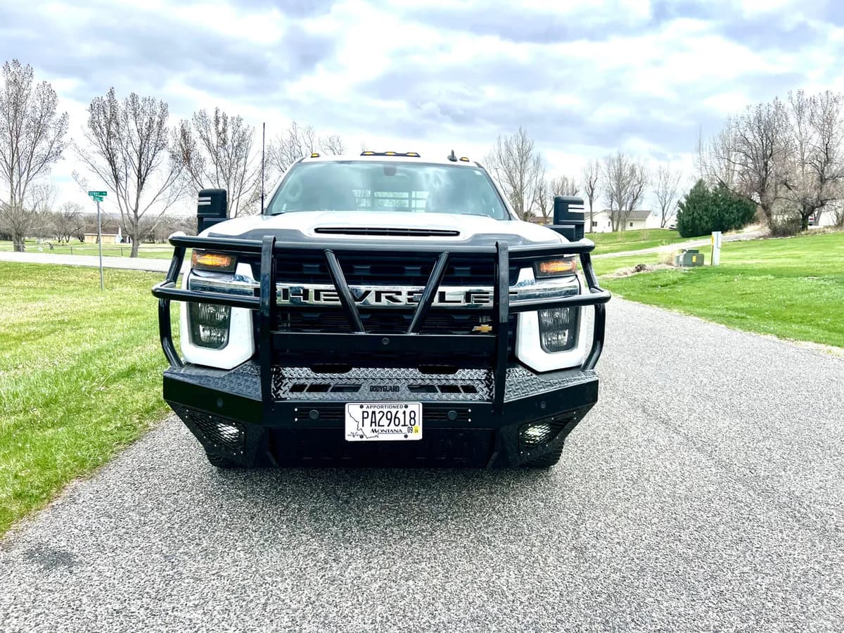 T2 Front Bumper Extreme For 2020-2023 Silverado 2500/3500 HD Sensor Cutouts Factory Fog Cutouts Receiver Hitch Skid Plate Without Mesh Grill With Camera Harness Gloss Black Powdercoat Bodyguard Bumpers