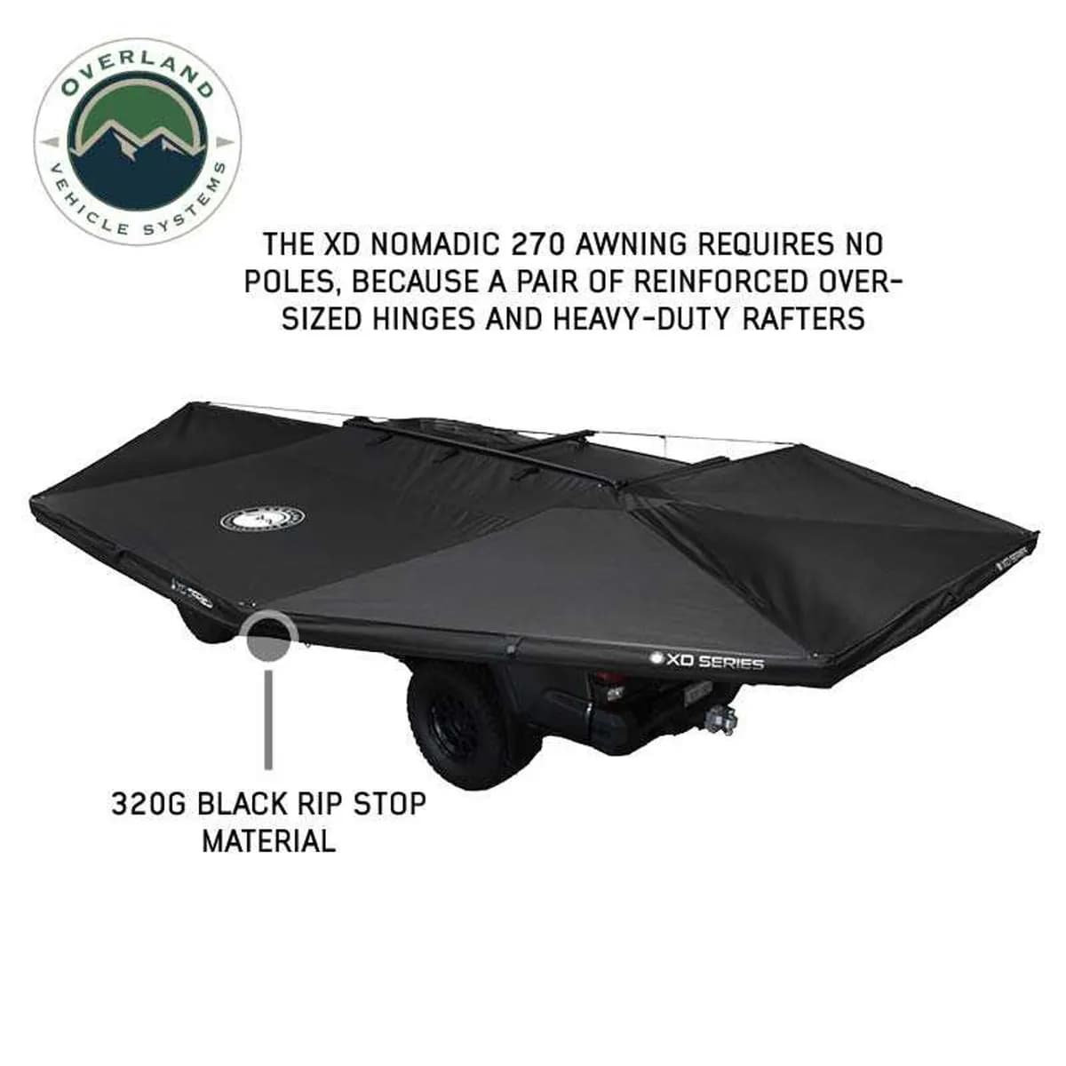 XD Nomadic 270 - Awning W/Lights and Black Out , Driver Side, Black Body, Black Trim and Black Travel Cover Overland Vehicle Systems