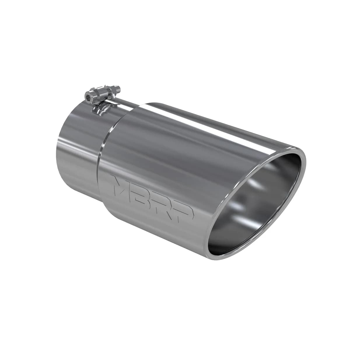 Armor Pro Exhaust Tip; 5 in. Inlet Diameter; 6 in. Outlet Diameter; 12 in. Length; Angled Rolled Edge; T304 Stainless Steel; Mirror Polished;