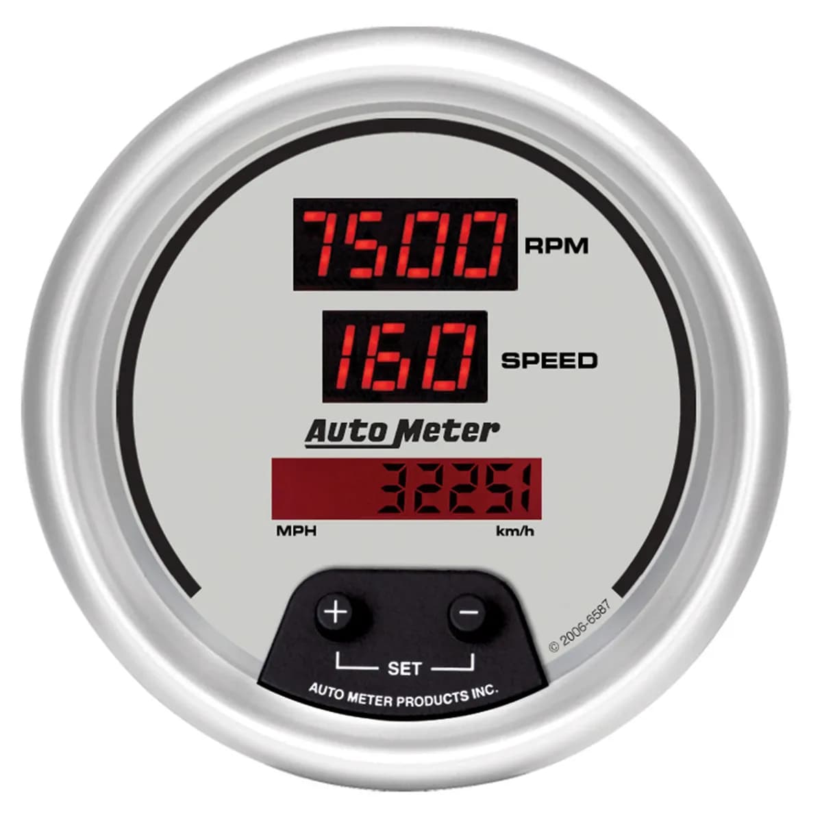 Gauge, Tach/Speedo, 3 3/8", 120mph/8k RPM, Elec. Program, Digital, Slvr Dial w/ Red LED