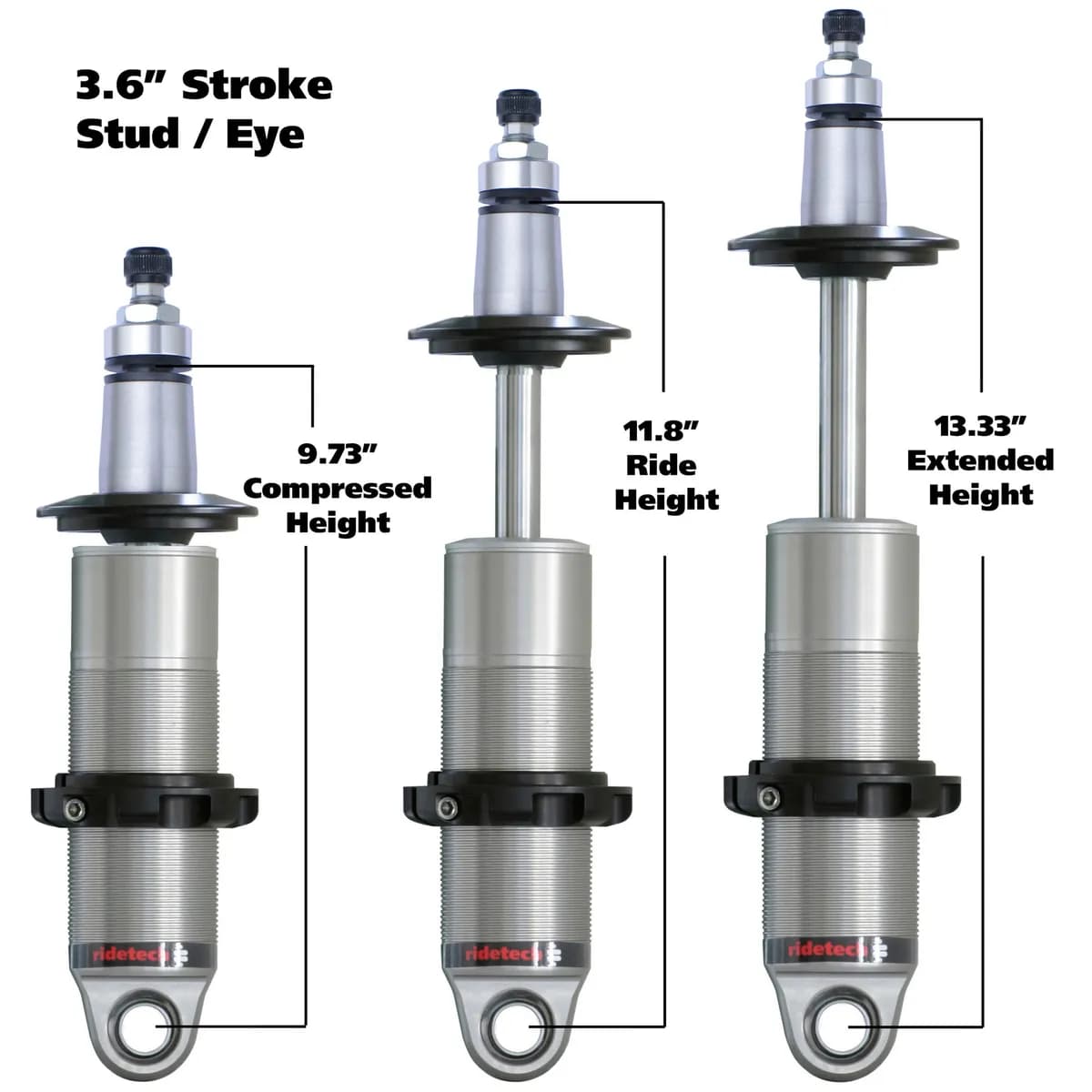 HQ Coil-Over Shock W/ 3.6 Inch Stroke And 2 Inch Stud Mount Universal 1 Rebound Adjustable Shockspring Mounts Delrin Spring Washers And Bearing Spacers 1/2 Inch And 5/8 Inch 9.7 Inch X 13.3 Inch W/ A 11.5 -11.75 Inch Ride Height Ridetech