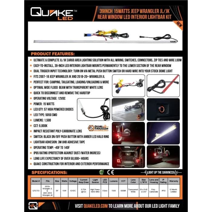 Quake LED - Qte753 - Jeep Wrangler Jl/Jk 39 In. LED Interior Light Bar