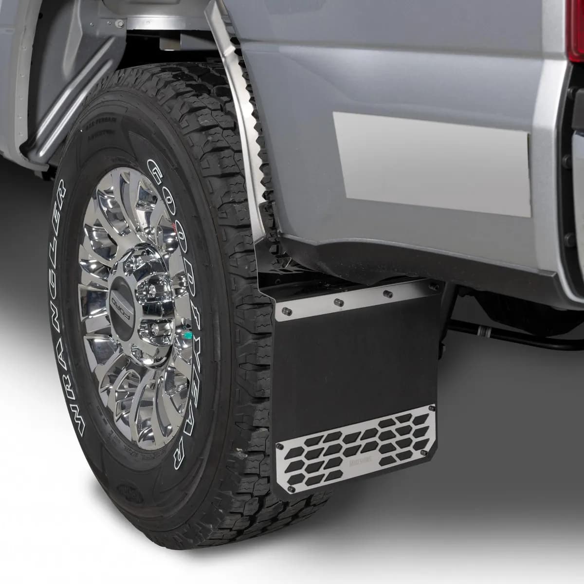 2010-2018 Ram HD Dually - Fits Front - Set of 2 Mud Flaps Mud Skins - Polished Stainless Steel Featuring Hex Shield Pattern Made in USA