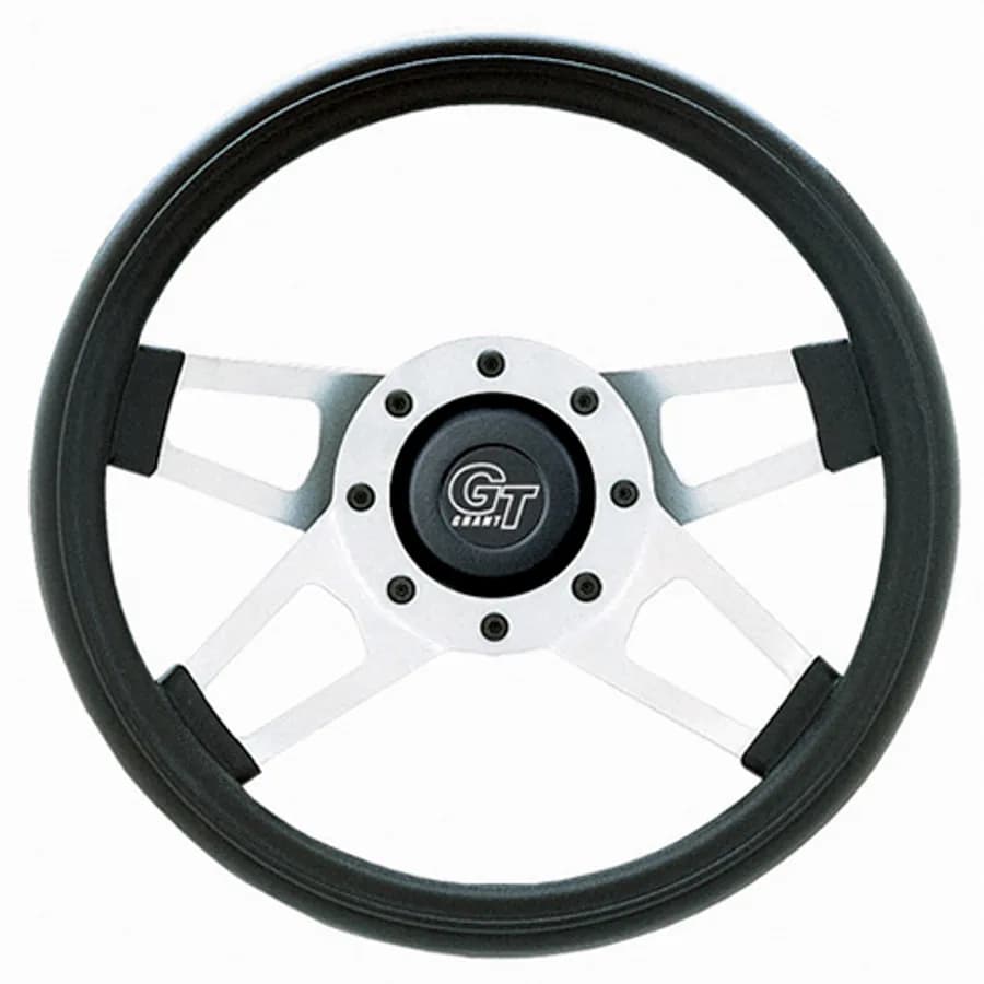Challenger Steering Wheel; 13 1/2 in. Diameter; 3 in. Dish; Black Cushion Grip; Satin Silver Dual Plane Spokes;