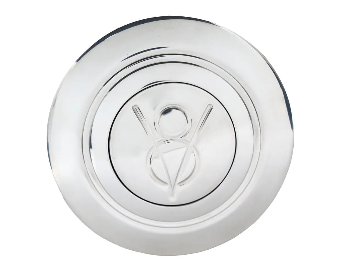 Horn Button; Fits w/Banjo Wheel Steering; Billet Aluminum; Single Contact; Domed V-8 Logo; Polished;