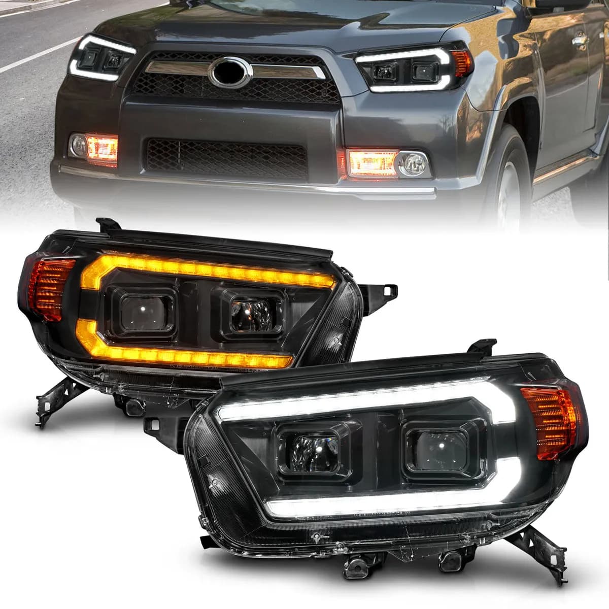 Toyota 4runner 10-13 Projector Plank Style Headlights Black w/ Sequential Signal & DRL