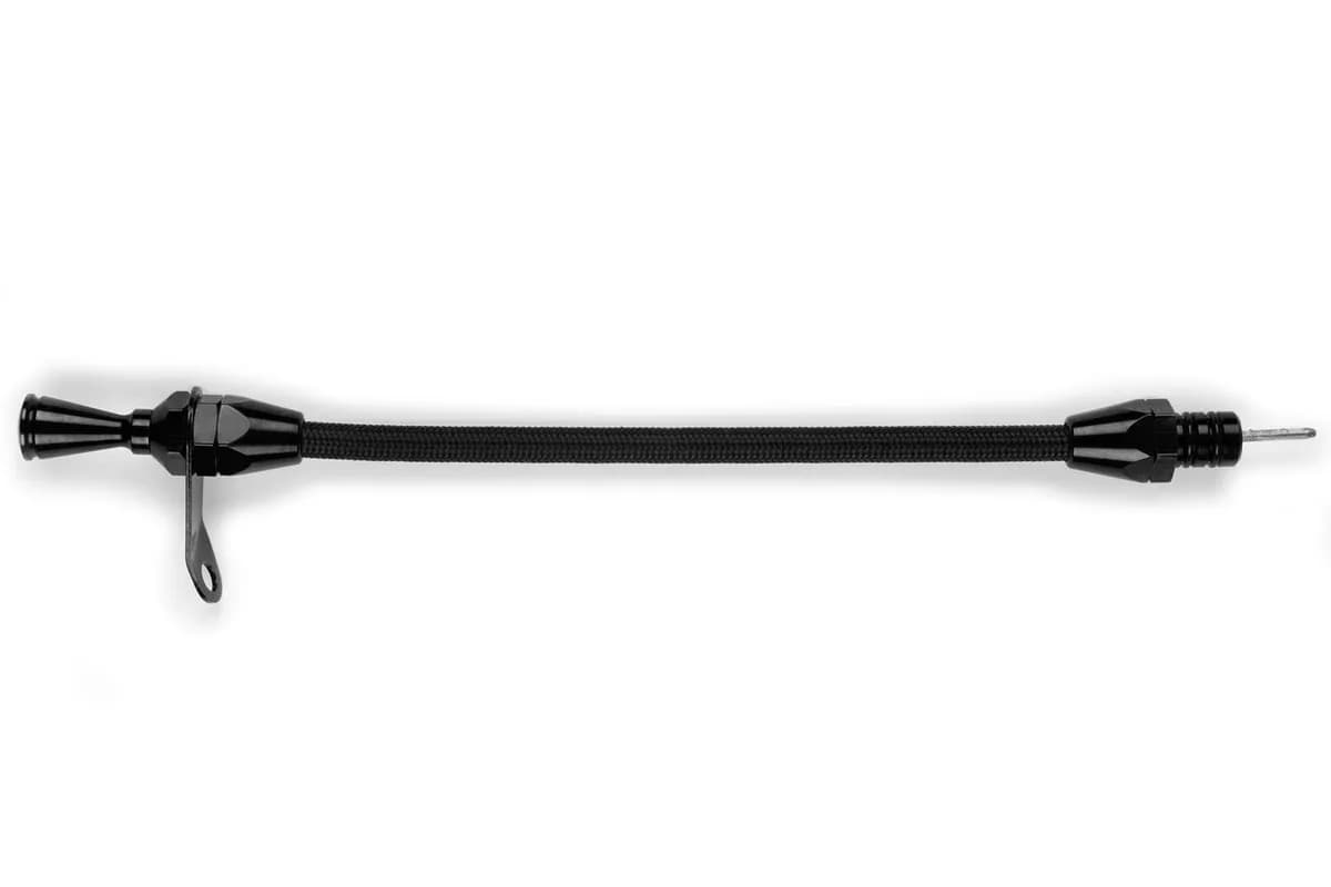 Hi-Tech Flexible Braided Transmission Dipstick; Transmount; Incl. Flexible Inner Dipstick/Funnel Adapter/Braided Black Stainless Outer Housing; Black Finish;