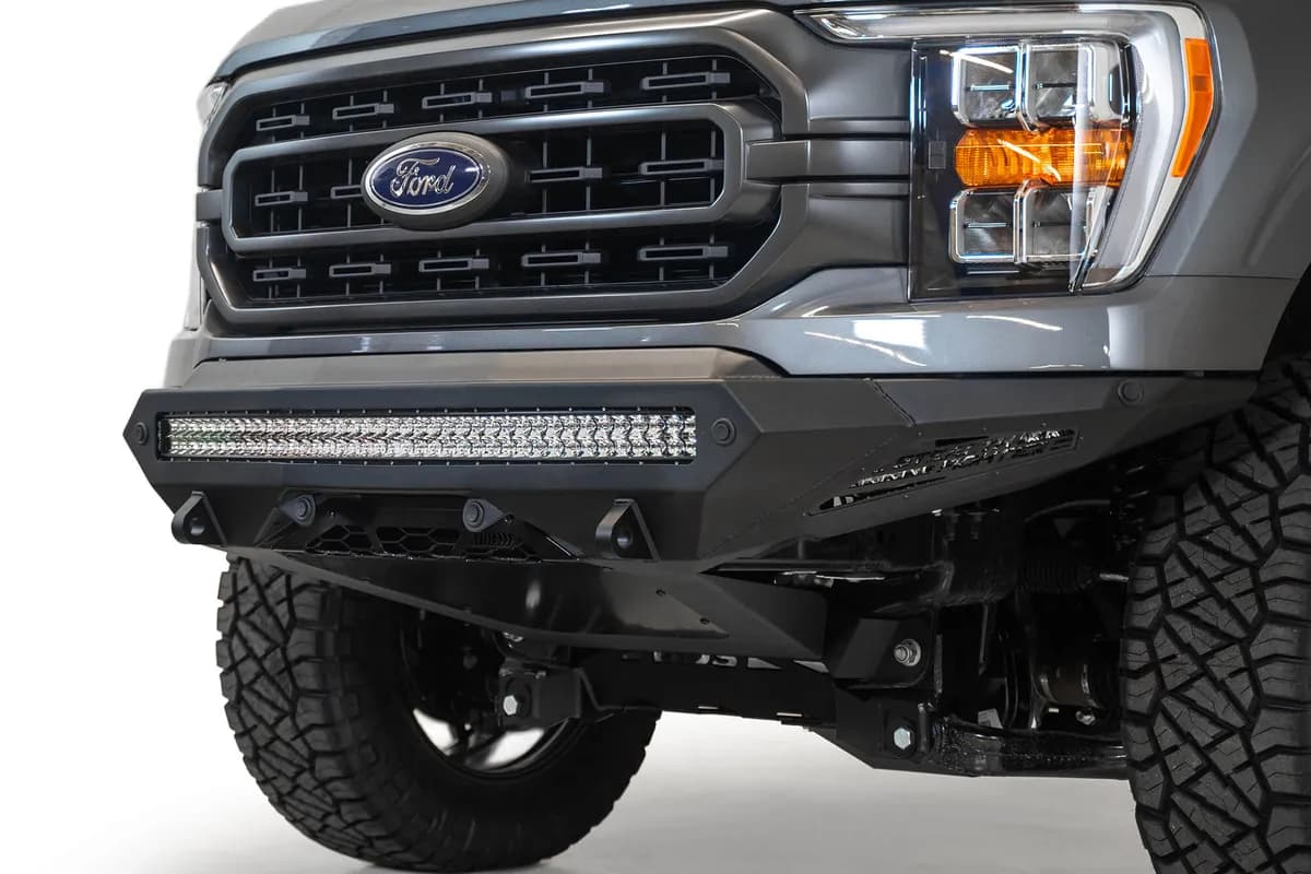 Ford F150 Stealth Fighter Front Bumper with 10 Cube Mounts Universal Plate on top and 10 SR Cube mounts on Sides with SENSOR Cutouts with D-ring mounts in Hammer Black with Satin Black panels 2021 Ford F-150
