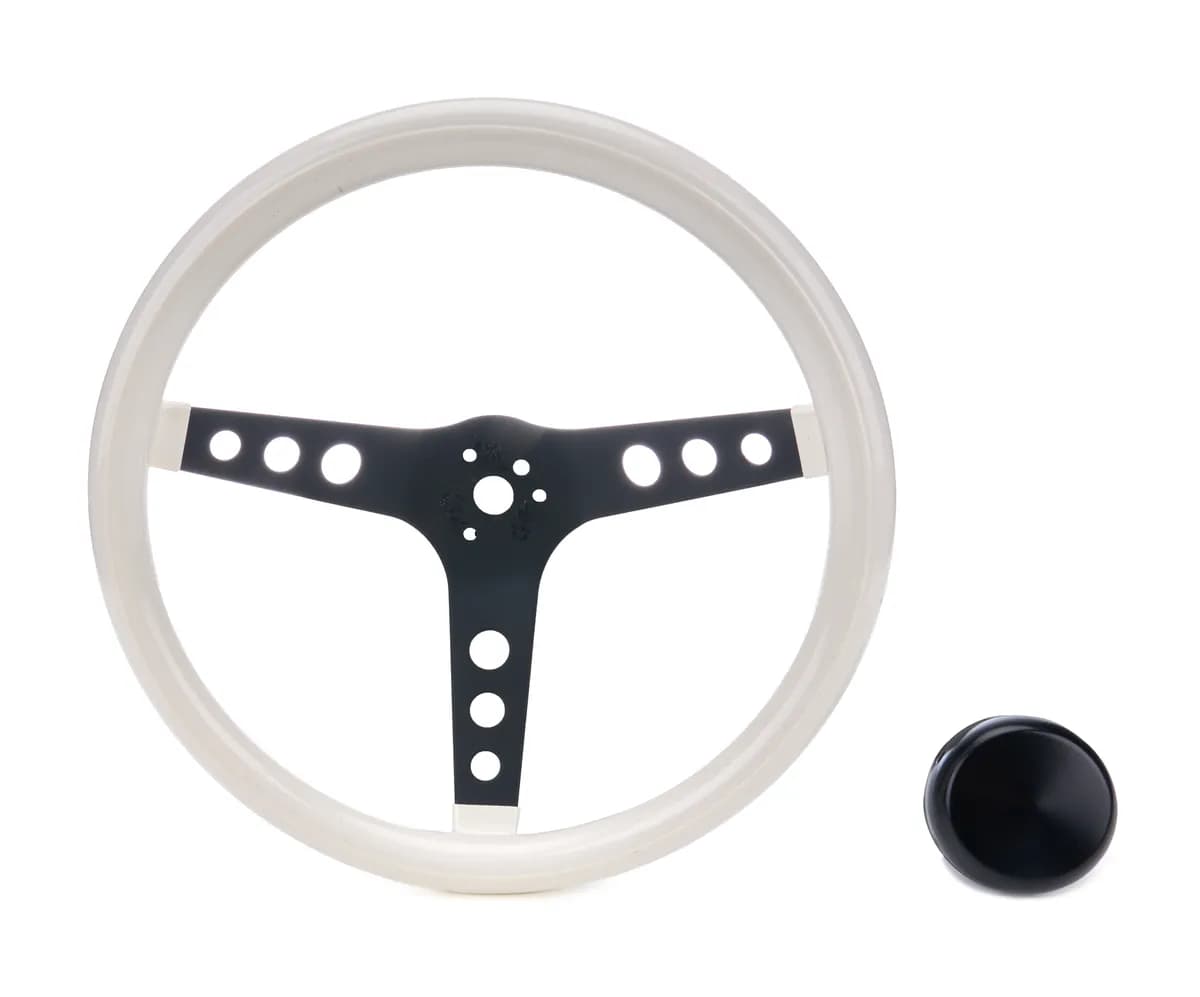 Classic Series Steering Wheel; 13 1/2 in. Diameter; 3 1/2 in. Dish; White Cushion Grip; Black Steel 3-Spoke Design;