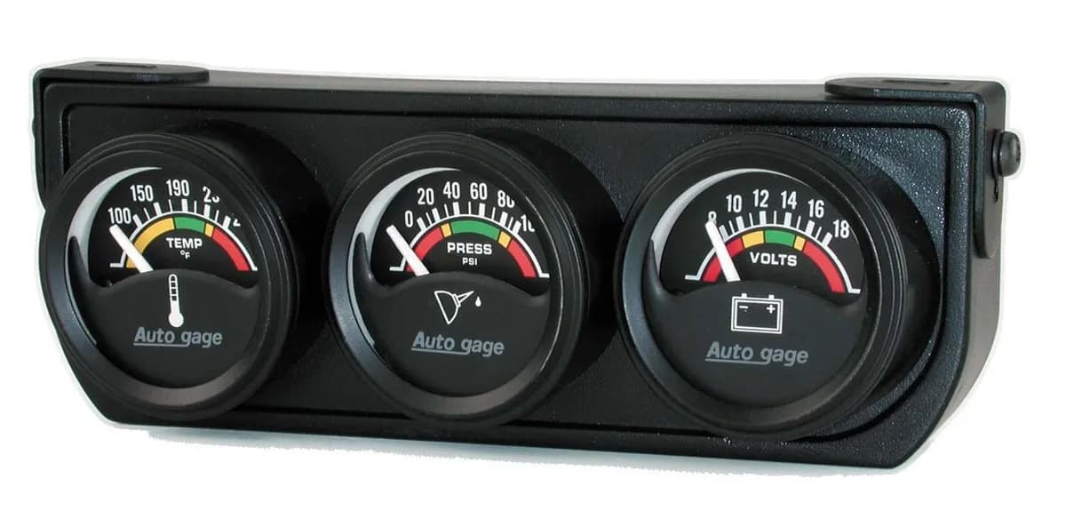 Autometer 2391 Gauge Console, Oilp/Wtmp/Volt, 1.5, 100psi/280?f/18v, Elec bk Dial, bk Bzl, ag
