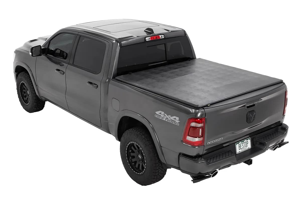 Soft Tri-Fold Tonneau Cover EZ-Fold For Ram 2019-2024 1500 5.7 Foot Black Tailgate Spoiler Not Included Bestop