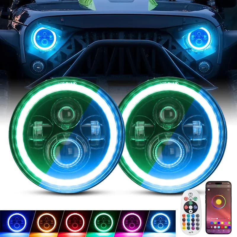 "7"" Jeep Wrangler LED Headlights with RGB Halo App Or Remote Control for 1997-2018"