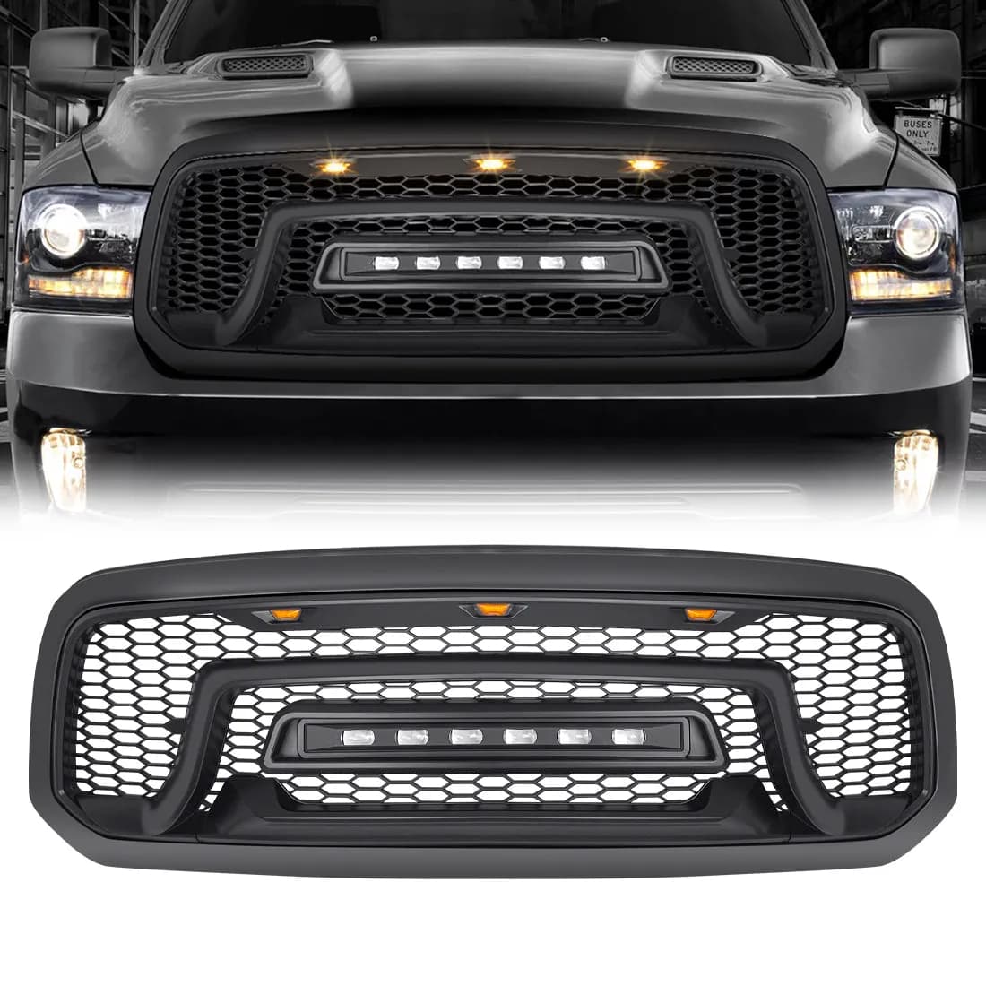 Armor Grille W/ Off-Road Lights - Matte Black For 2013-2018 Dodge Ram 1500
