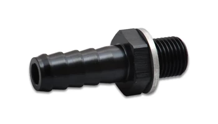 Metric to Barb Adapter Fitting; M14 x 1.5 Male Metric Size; 0.375 in. Barb Size; 6061 Aluminum; Black Anodized;