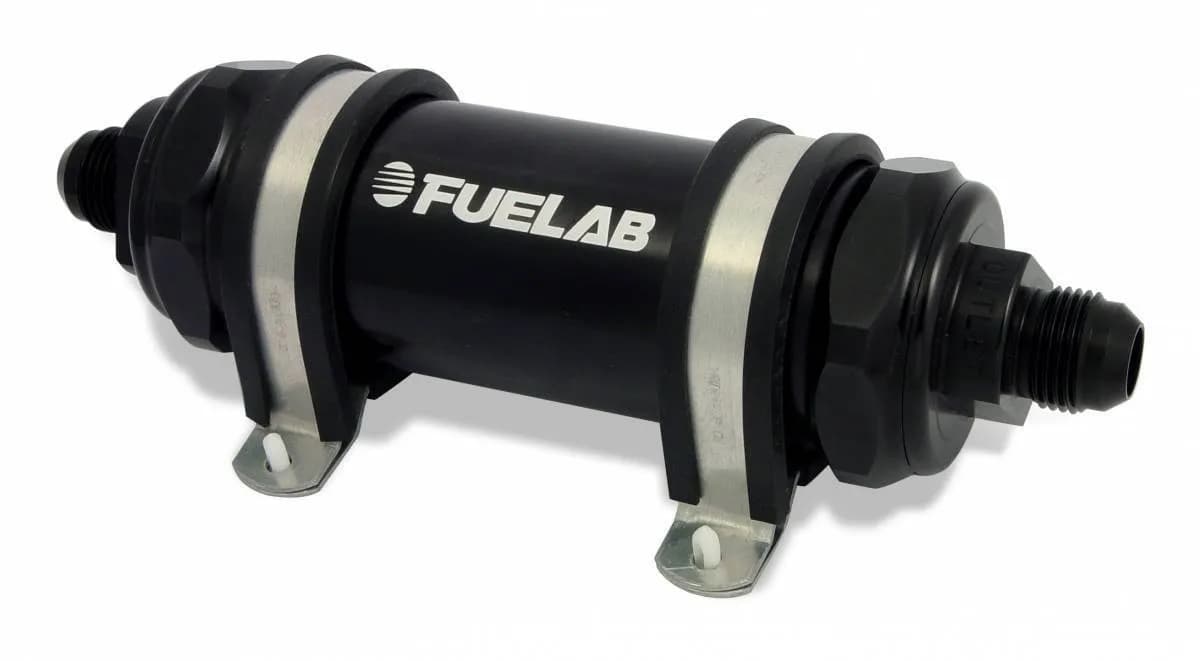 In-Line Fuel Filter Long Length -8AN Inlet/Outlet 40 Micron Stainless Steel Element Black FUELAB