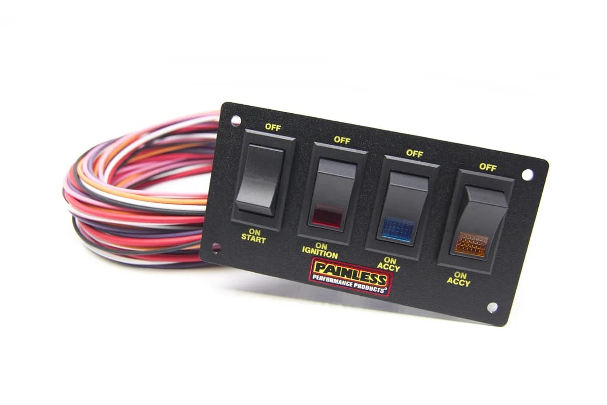 4-Switch Lighted Non-Fused Rocker Switch Panel; Incl. 18 ft. - 14 ga. TXL Wires/18 ft. - 10 ga. Main And Ground Wires;