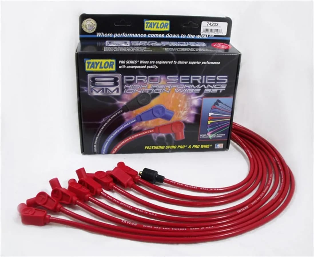 Taylor Cable 1955-91 Multi-Make V8 Non-HEI 8mm Spiro-Pro Spark Plug Wire Set - Red - 135° Spark Plug Boot Angle - 74203