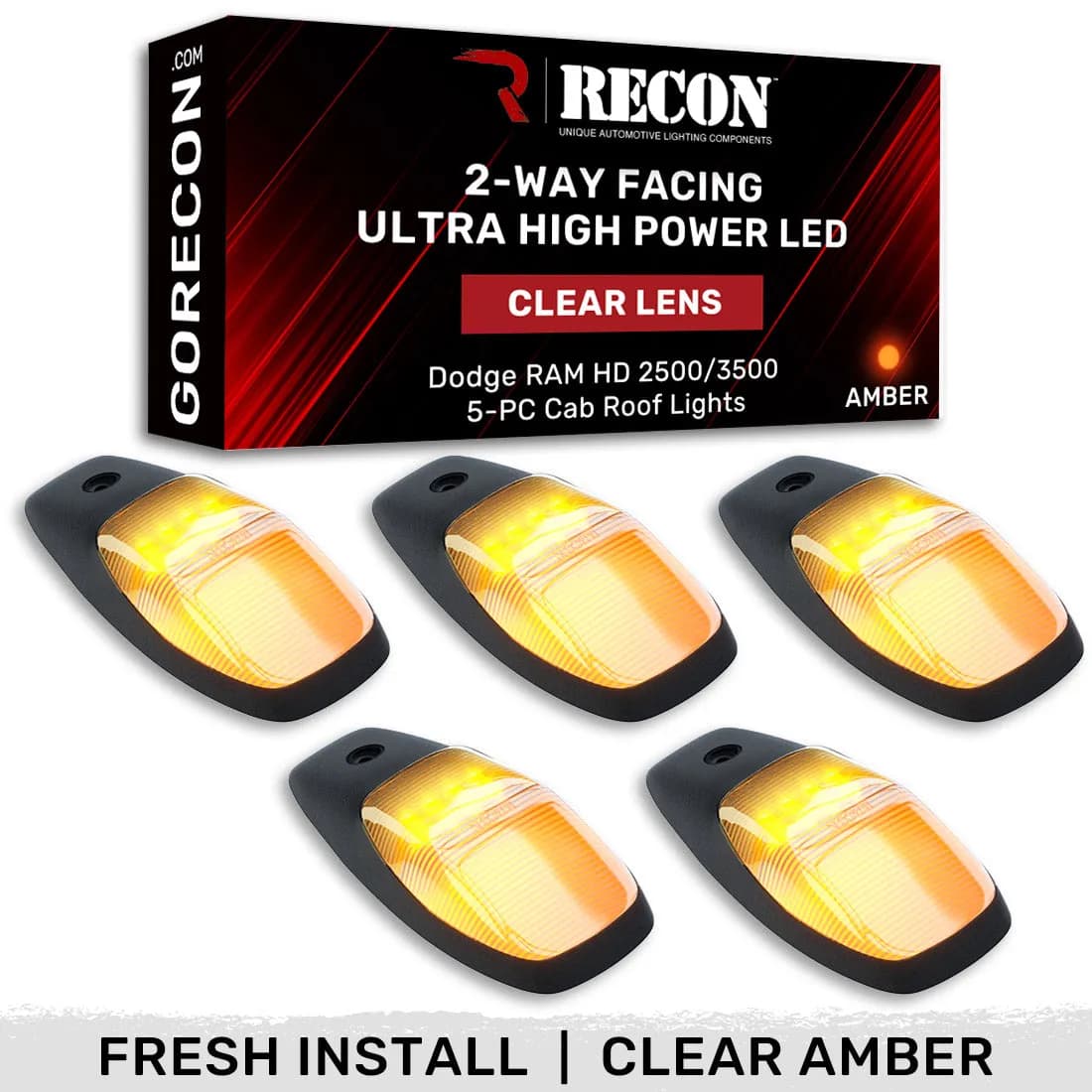 Dodge 19-23 RAM Heavy-Duty 2500 3500 5-Piece Set Clear Cab Roof Light Lens With 2-Way Forward Rear Facing Amber Ultra High-Power Leds - Attn This Cab Light Set is For a Fresh Install on a Truck That Did Not Come With OEM Cab Roof Lights no Square