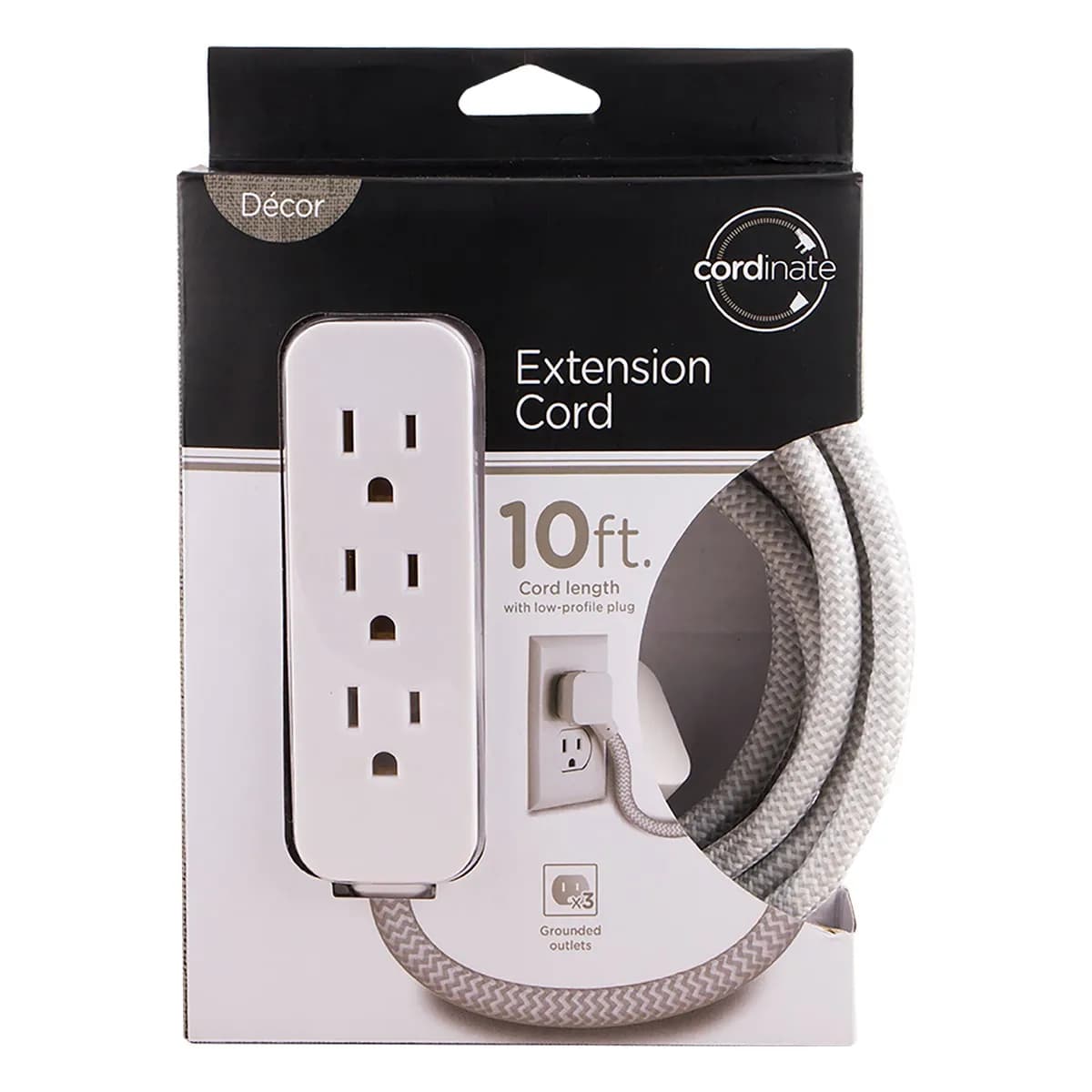 Cordinate 3-Outlet 10ft. Braided Extension Cord, White/Gray