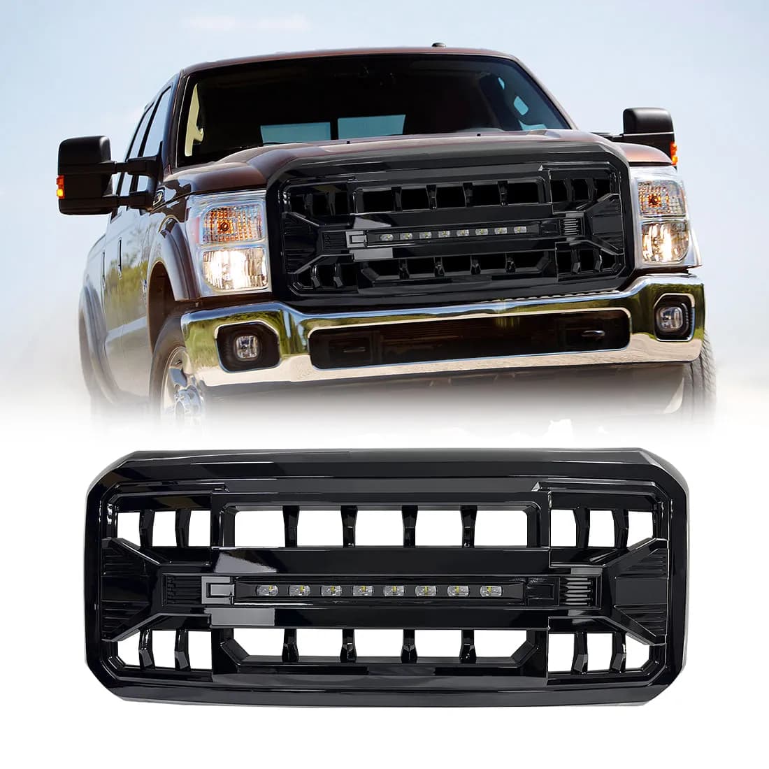 Armor Grille W/ Off-Road Lights - Glossy Black For 2011-2016 Ford F250/ 350/ 450/ 550 Super Duty