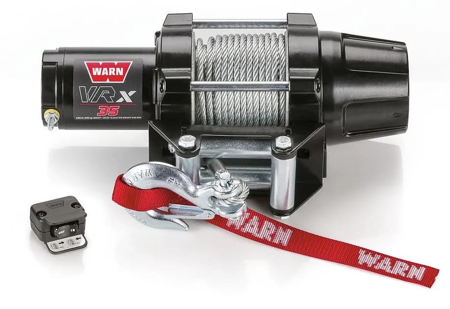 WARN - Vehicle Mounted; ATVs and Side By Sides; Waterproof; 12 Volt; 3500 Pound Line Pull Capacity; 50 Foot x 7/32 Inch Steel Rope; Roller Fairlead; Handleba