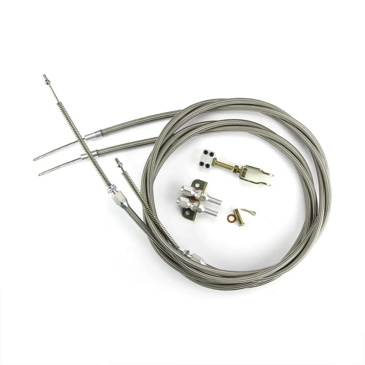 Emergency Brake Cables; Universal; Incl. Two U-Cut-To-Fit 8 ft. Outer Housings/Mounting Bracket/Adjusters/Aluminum Fittings/Ferrule; Stainless Steel Housing;