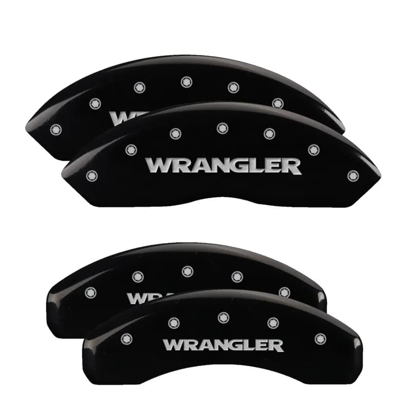Set Of 4 Caliper Covers Engraved Front And Rear Wrangler Black Finish Silver Characters 2018-2024 Jeep Wrangler MGP Caliper Covers