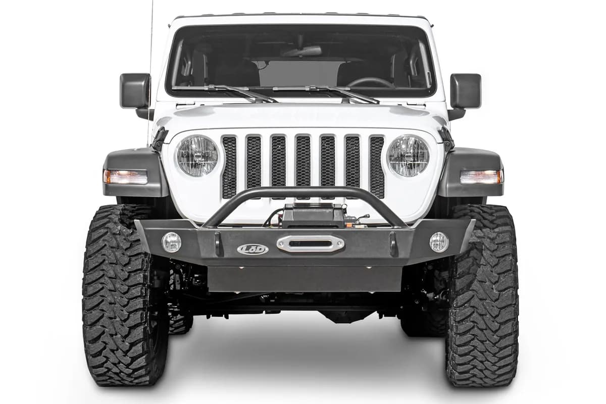 JL/JT Signature Series Mid Width Front Bumper, Setup for Warn Power Plant Winch only, w / Bull Bar (Black Powder Coated)