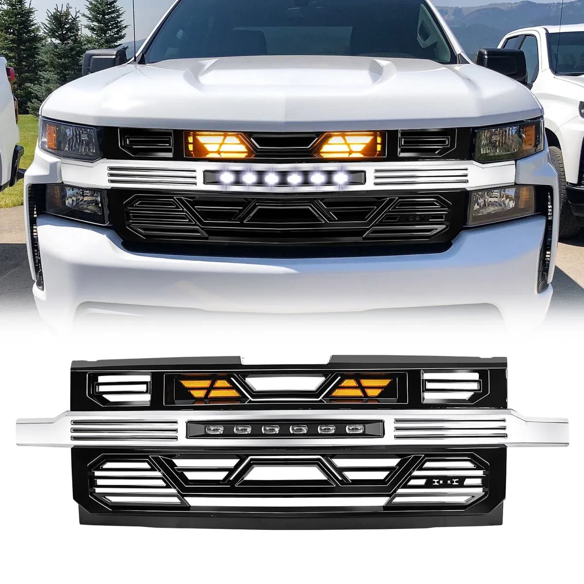 Armor Front Grille W/ Off-Road Lights & Amber Lights - Chrome Glossy Black For 2019-2022 Chevy Silverado 1500
