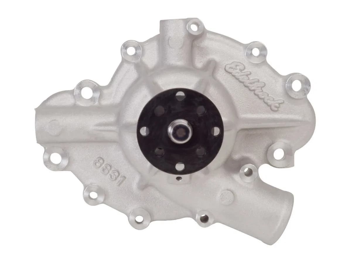 Water Pump, High Performance, AMC/Jeep, 1968-72 AMC 290-401 c.i.d V8 and 1971-72 Jeep 304 & 360 c.i.d V8, Short Style, Standard Rotation, Satin Finish