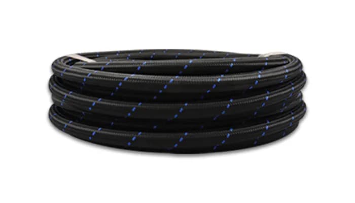 Nylon Braided Flex Hose; -10AN; 0.5625 in. Hose ID; 0.828 in. Hose OD; 500 PSI Operating Pressure; 2000 PSI BP; 5ft. Roll; Black/Blue;