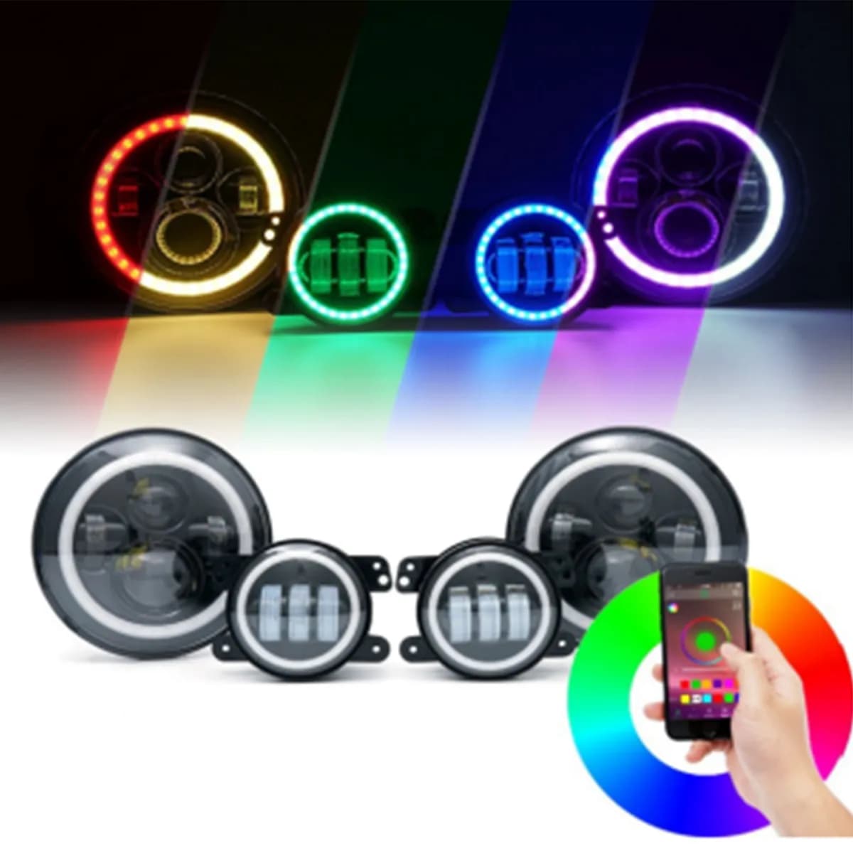 2018+ Jeep JL 9 inch Adapted Headlight and 4 inch Foglight ColorSMART Combo Complete RGB Multi-Color kit - Smartphone Controlled with (2) Headlights and (2) Foglights