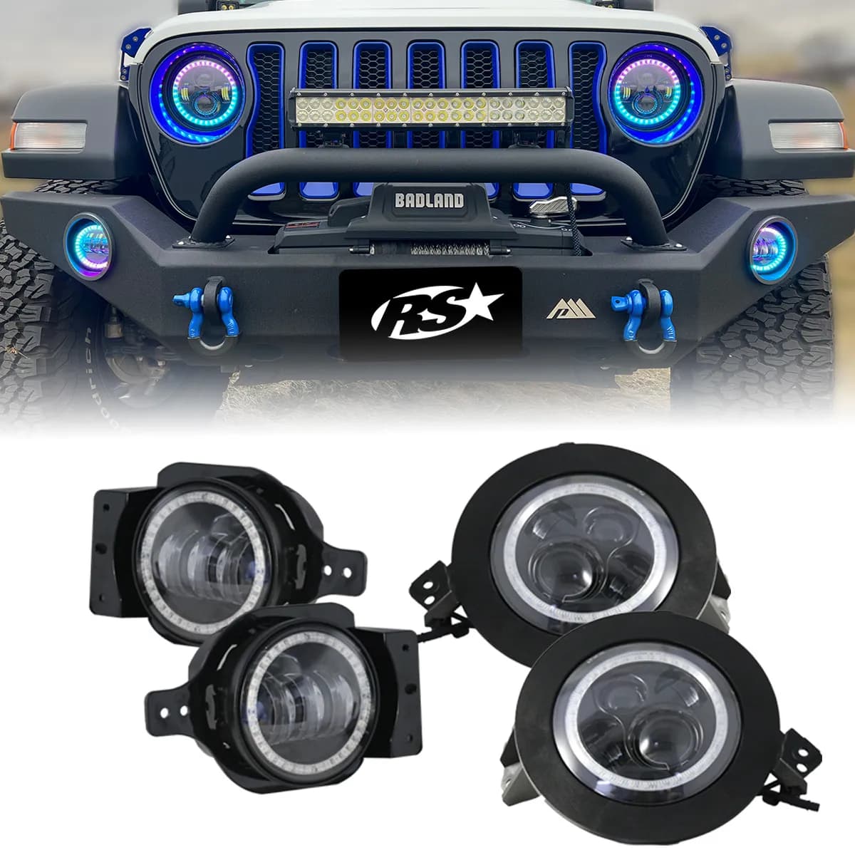 Chasing Version - 2018+ Jeep JL 9 inch Adapted Headlight and 4 inch Foglight ColorSMART Combo Complete RGB Multi-Color kit - Smartphone Controlled with (2) Headlights and (2) Foglights