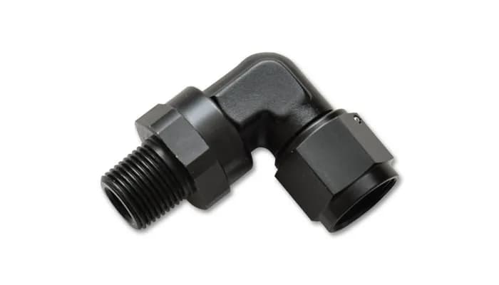 90 Degree Swivel Adapter Fitting; -3AN Female x 0.125 in. NPT Male; 6061 Aluminum; Black Anodized;